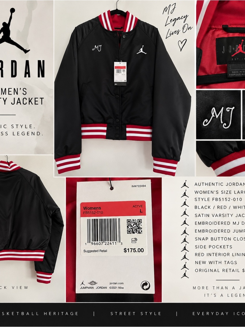 Jordan Women's Black and Red Satin Varsity Jacket